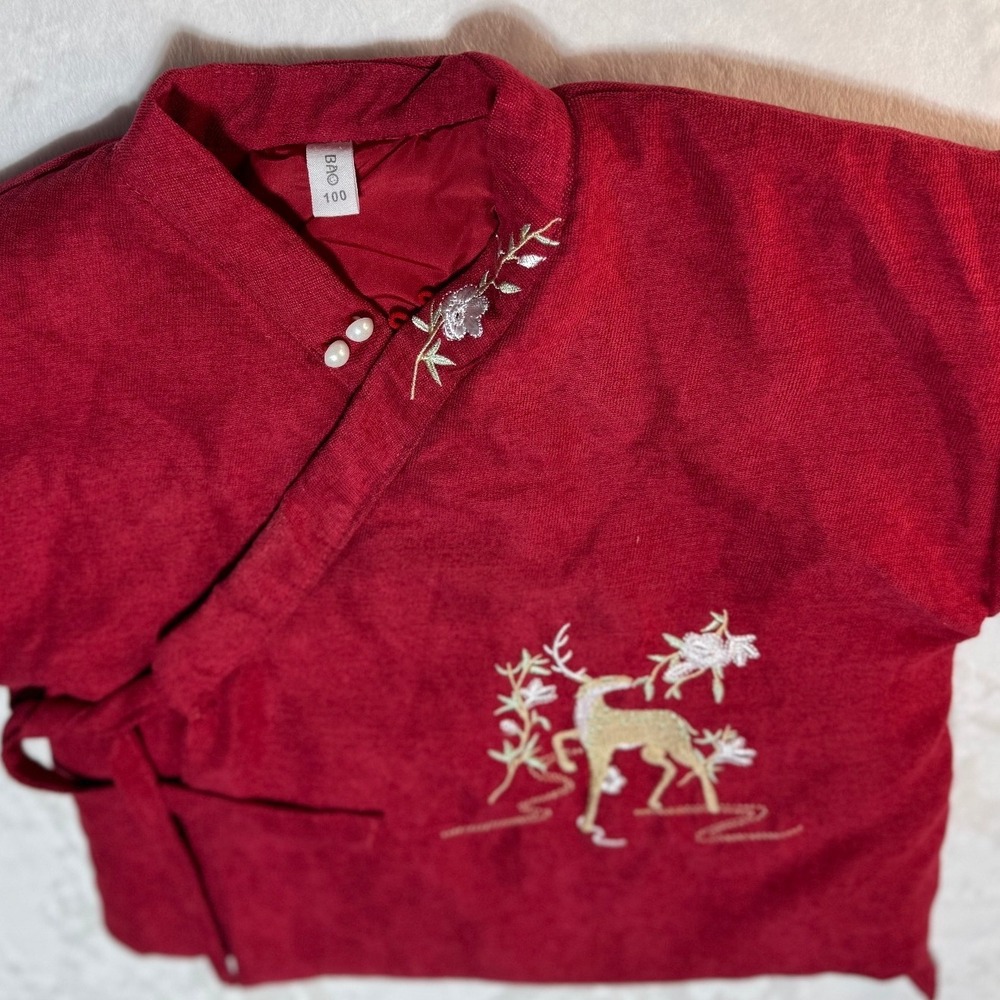 Baby Kimono Embroidered Deer Floral Red Hanfu Pearl Button Jacket Robe